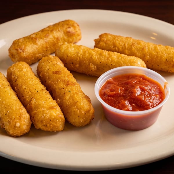 Golden-brown mozzarella sticks with a side of marinara sauce on a white plate.