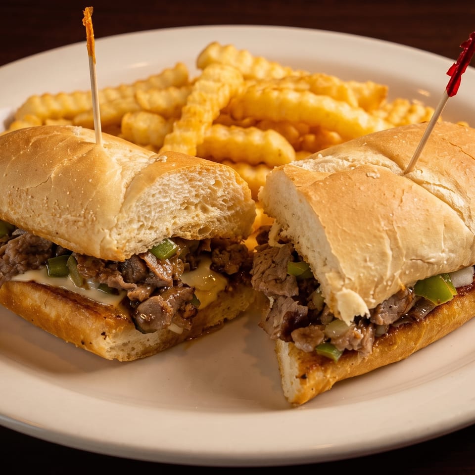 A cheesesteak sandwich, cut in half, with crinkle-cut fries on a white plate.