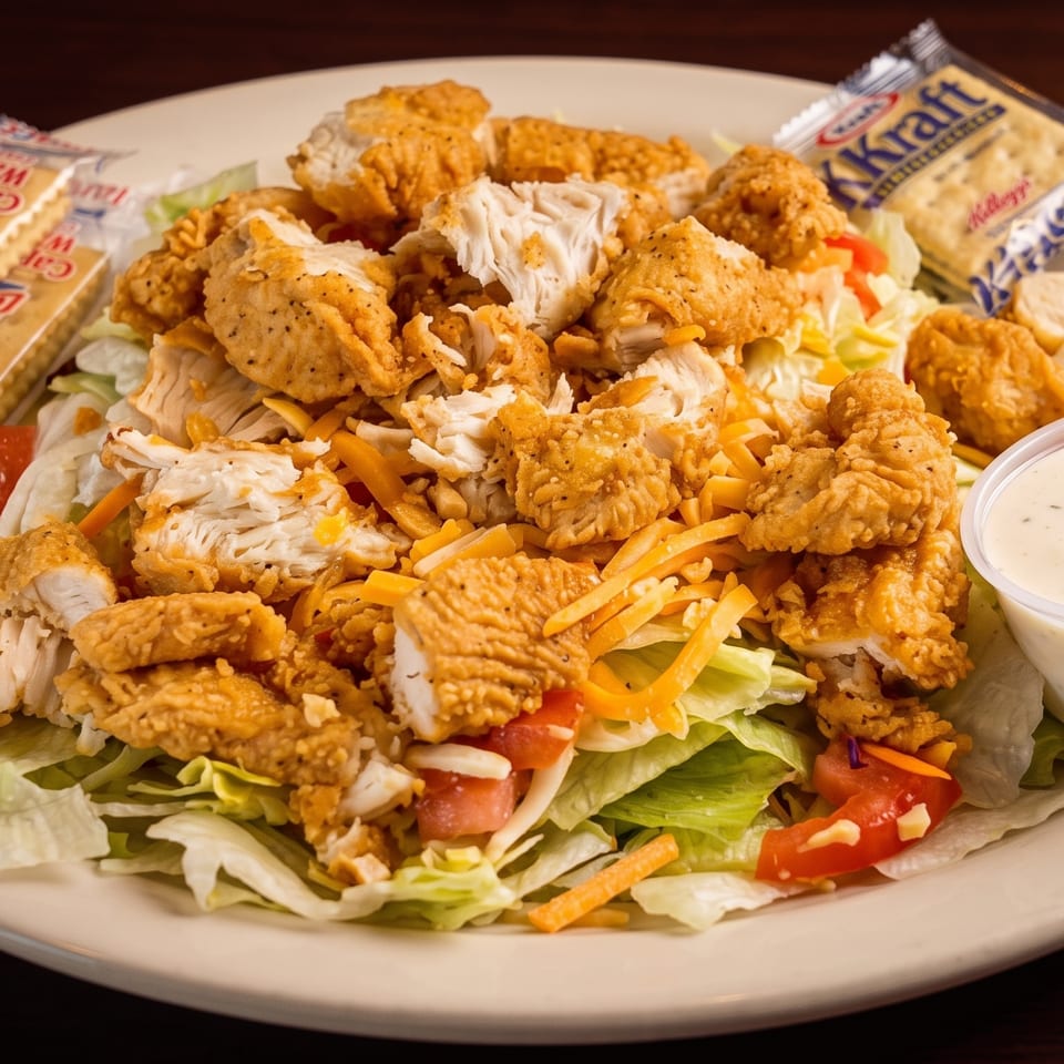 Crispy chicken salad with shredded cheese, tomatoes, and ranch dressing, served with crackers.