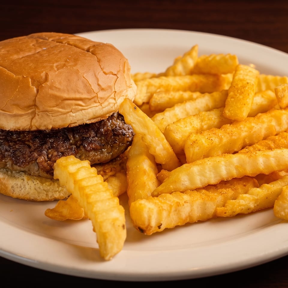A plain burger with a thick patty and crinkle-cut fries on a white plate.