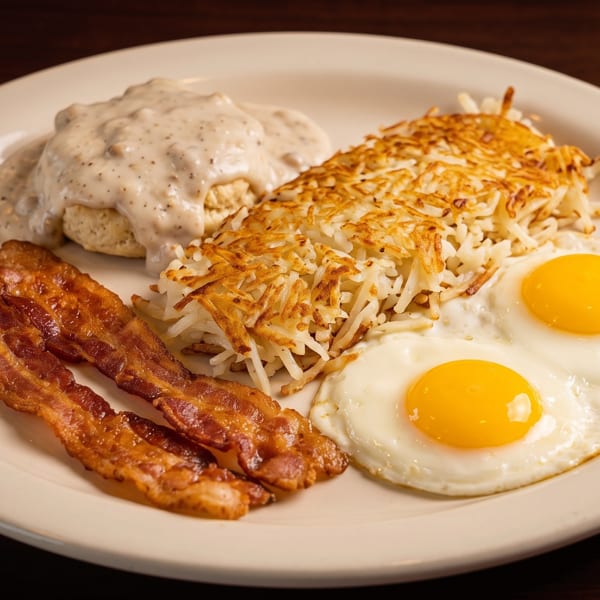 A breakfast plate with biscuits and gravy, hash browns, two fried eggs, and bacon.