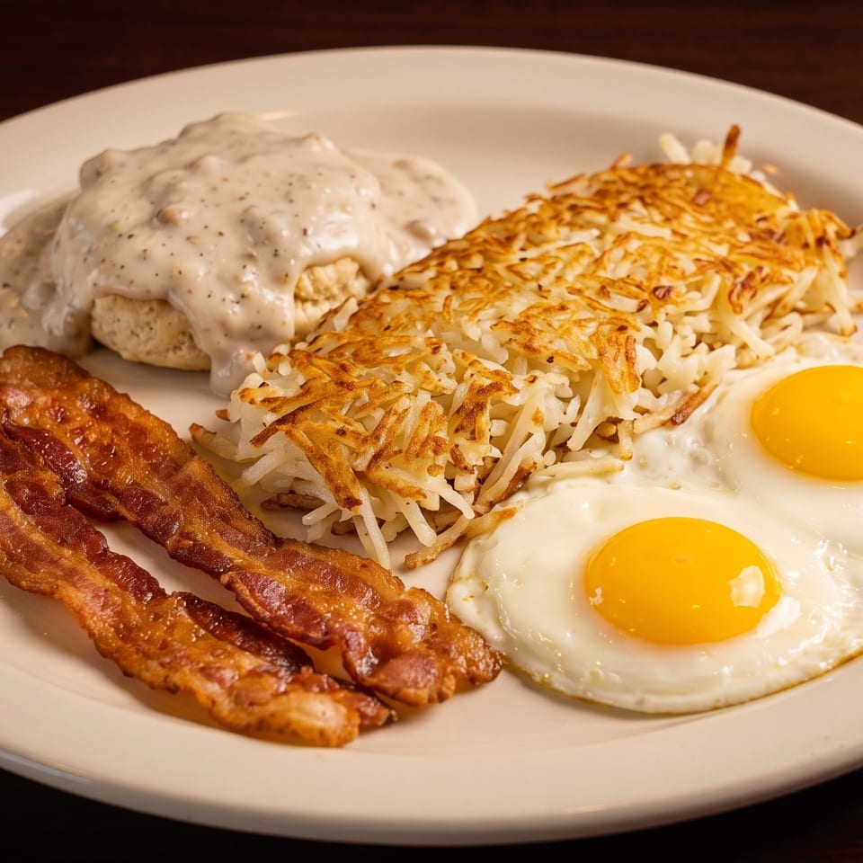 A breakfast plate with biscuits and gravy, hash browns, two fried eggs, and bacon.