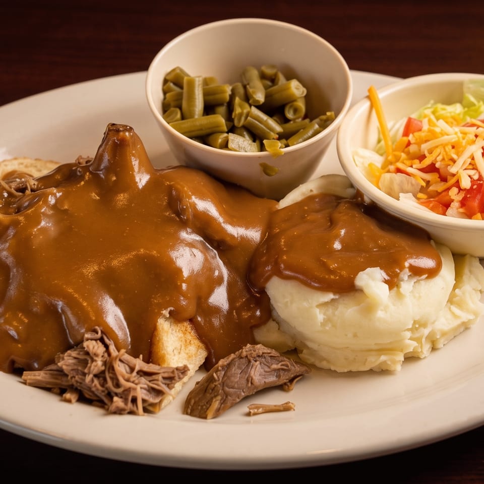 A hot beef sandwich with gravy, mashed potatoes, green beans, and a side salad.