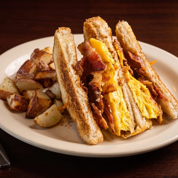 Breakfast sandwich with scrambled eggs, bacon, and cheese, served with roasted potatoes on a white plate.