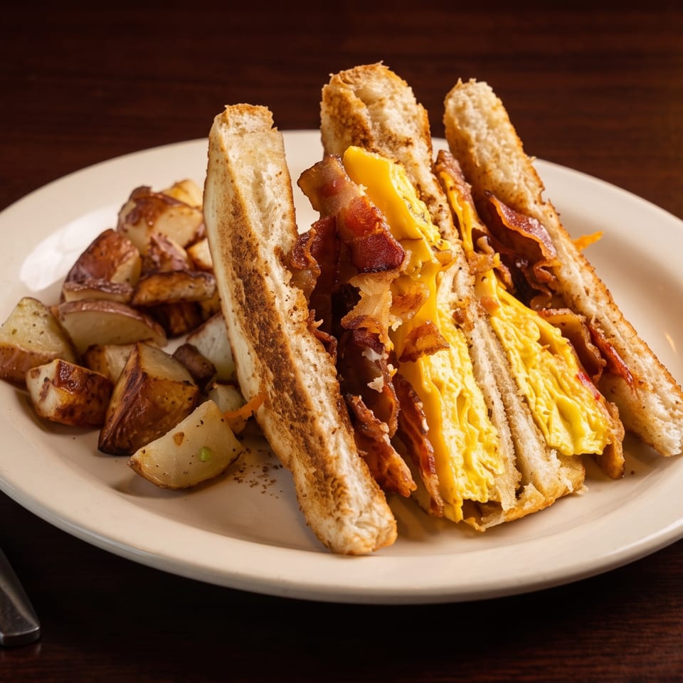 Breakfast sandwich with scrambled eggs, bacon, and cheese, served with roasted potatoes on a white plate.