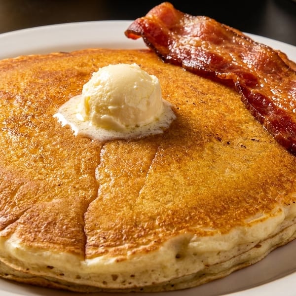 Fluffy golden pancakes topped with melting butter and a side of crispy bacon on a white plate.