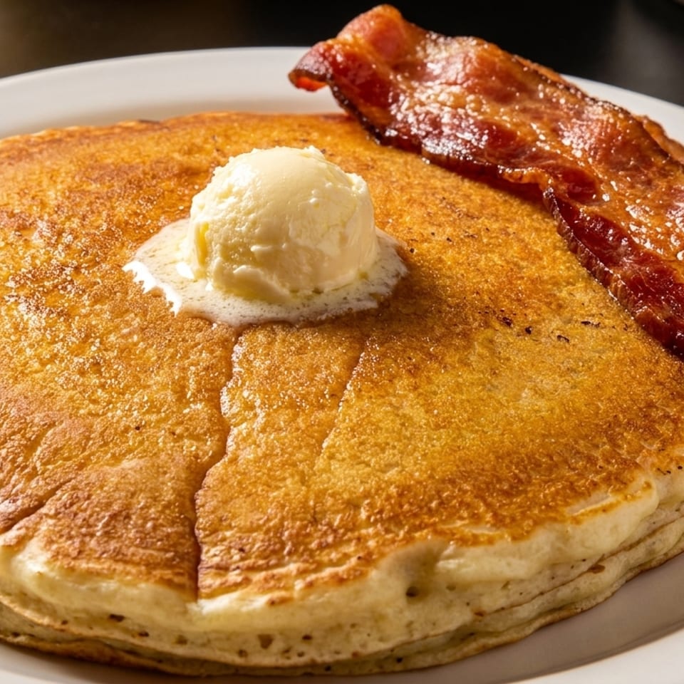Fluffy golden pancakes topped with melting butter and a side of crispy bacon on a white plate.