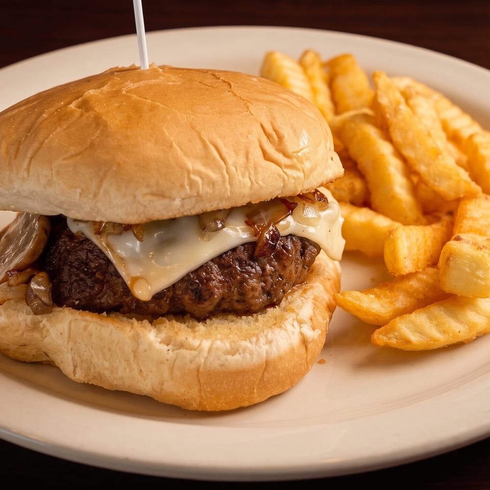 Cheeseburger with melted cheese, caramelized onions, and mushrooms, served with crinkle-cut fries on a white plate.