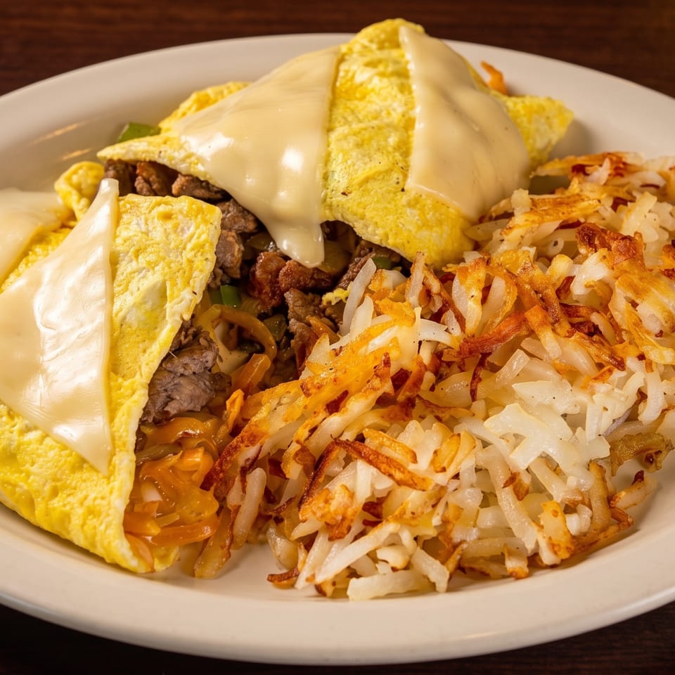 Cheesesteak omelet with melted cheese and hash browns on a white plate.