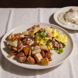 Two Scrambled Eggs Loaded with Ham, Onion & Bell Peppers