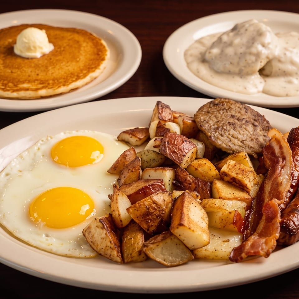 A full breakfast spread with pancakes, biscuits and gravy, fried eggs, home fries, bacon, and sausage.