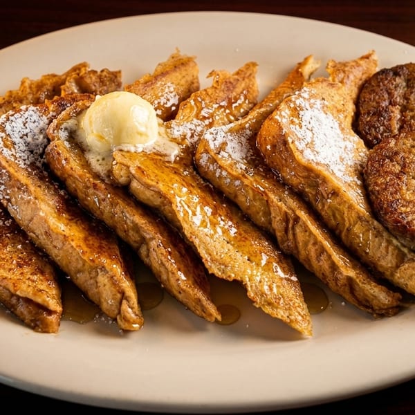 Golden French toast sticks with powdered sugar, butter, syrup, and two sausage patties on a white plate.