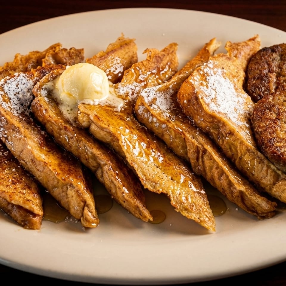Golden French toast sticks with powdered sugar, butter, syrup, and two sausage patties on a white plate.