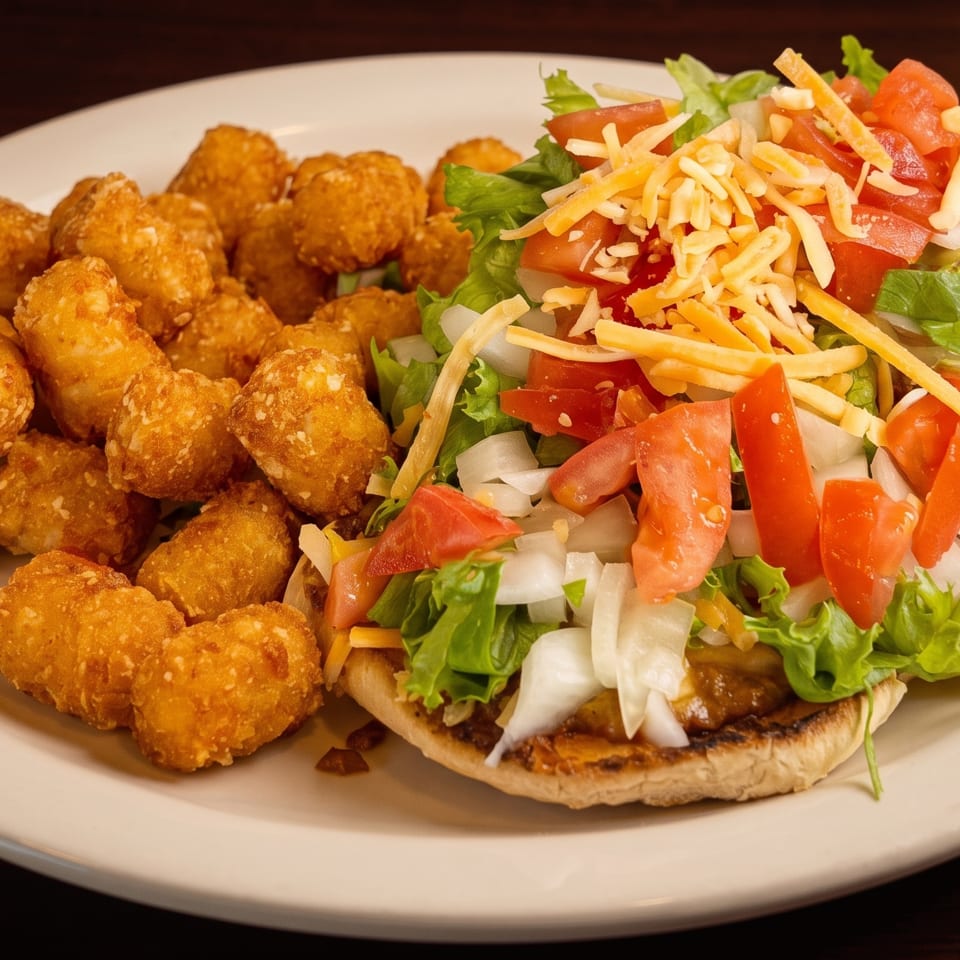 A plate of golden tater tots next to an open-faced burger topped with lettuce, tomato, onion, and cheese.