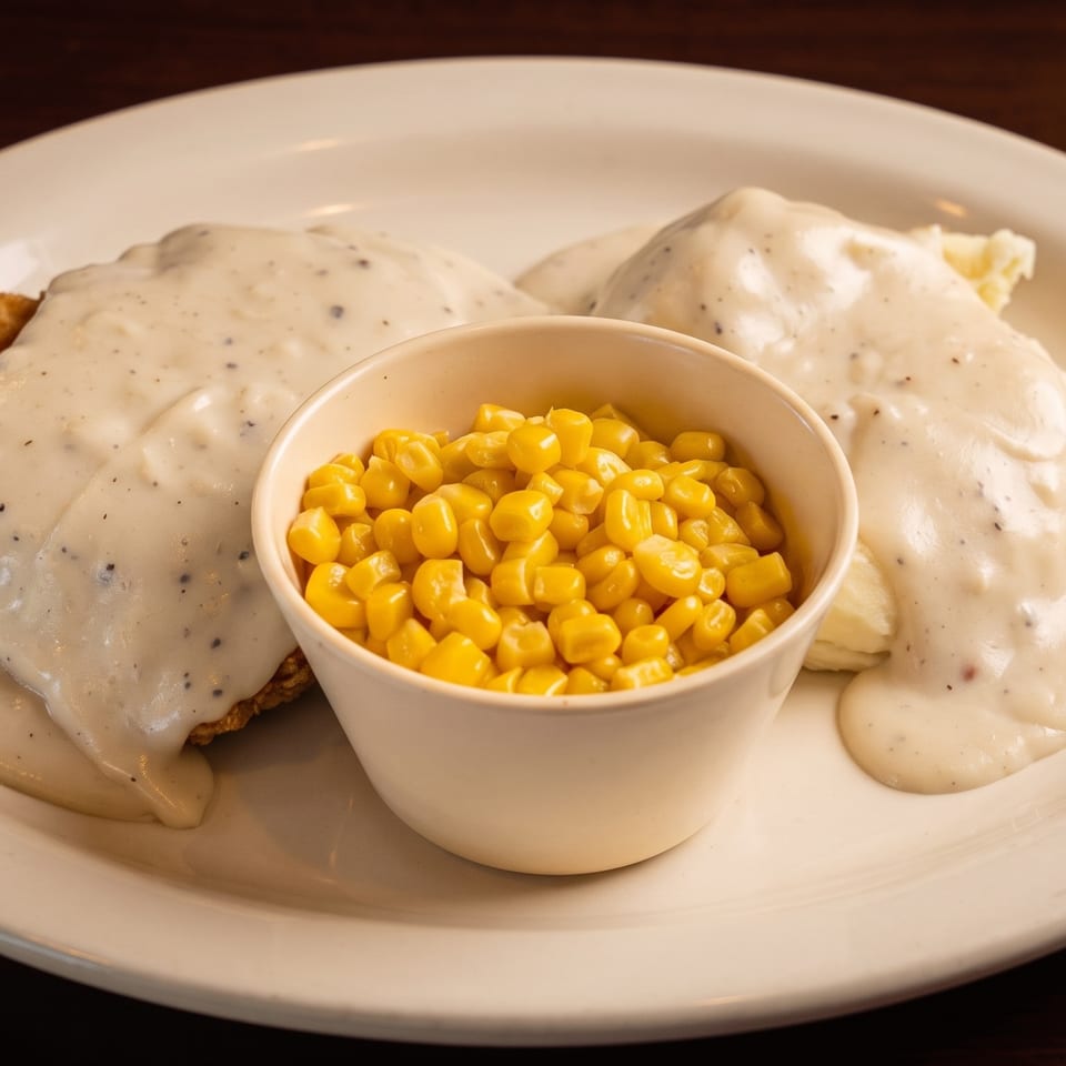Chicken fried steak with gravy, mashed potatoes, and a side of corn on a white plate.