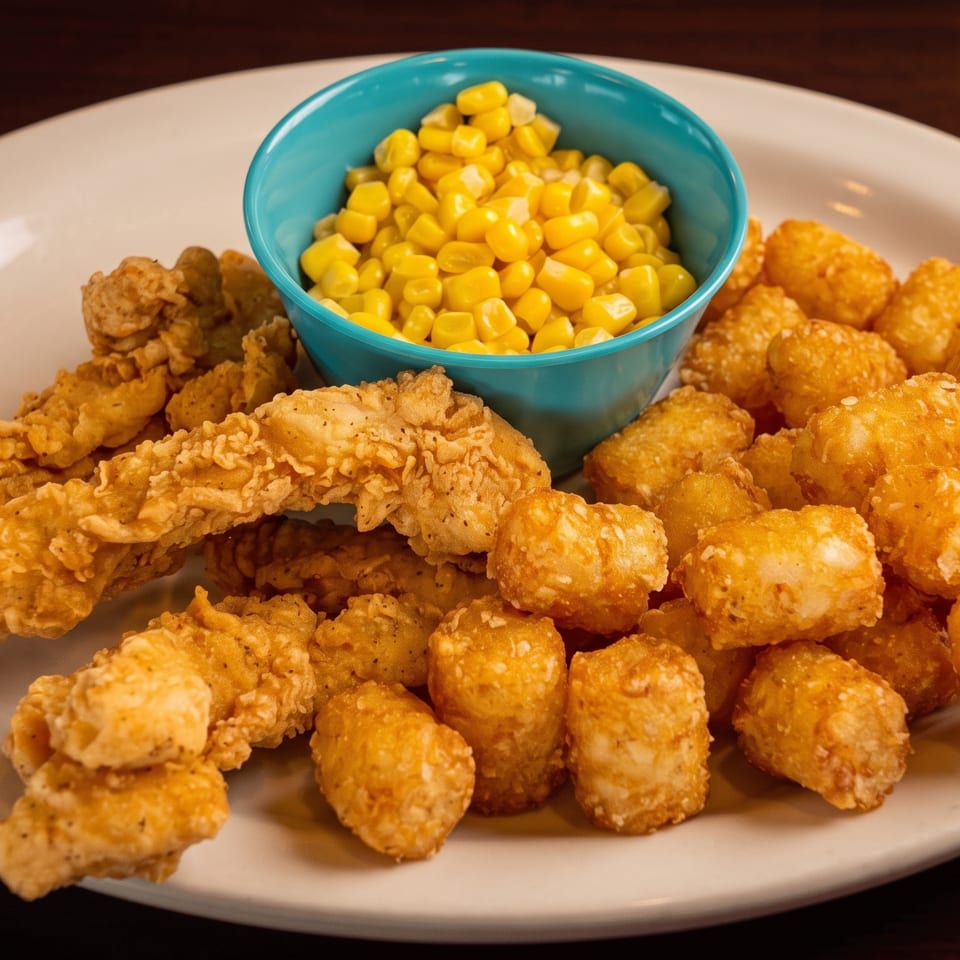 Crispy chicken tenders, golden tater tots, and a teal bowl of corn on a white plate.