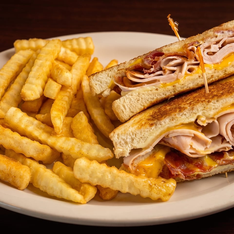 Grilled turkey and bacon sandwich with melted cheese, cut in half, served with crinkle-cut fries.