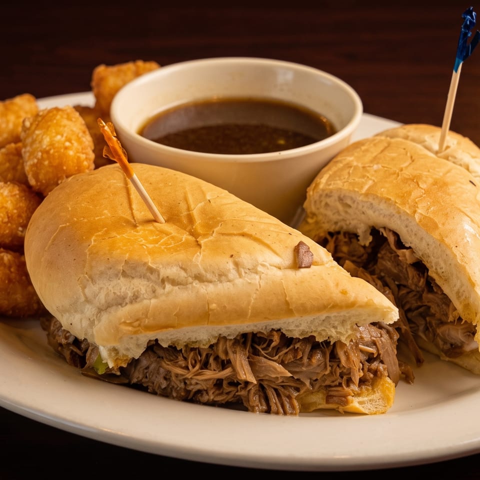 Two French dip sandwiches with tater tots and a side of au jus on a white plate.
