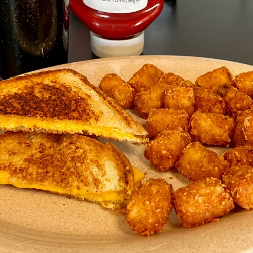 Grilled cheese sandwich halves and tater tots on a plate, with a drink and ketchup in the background.