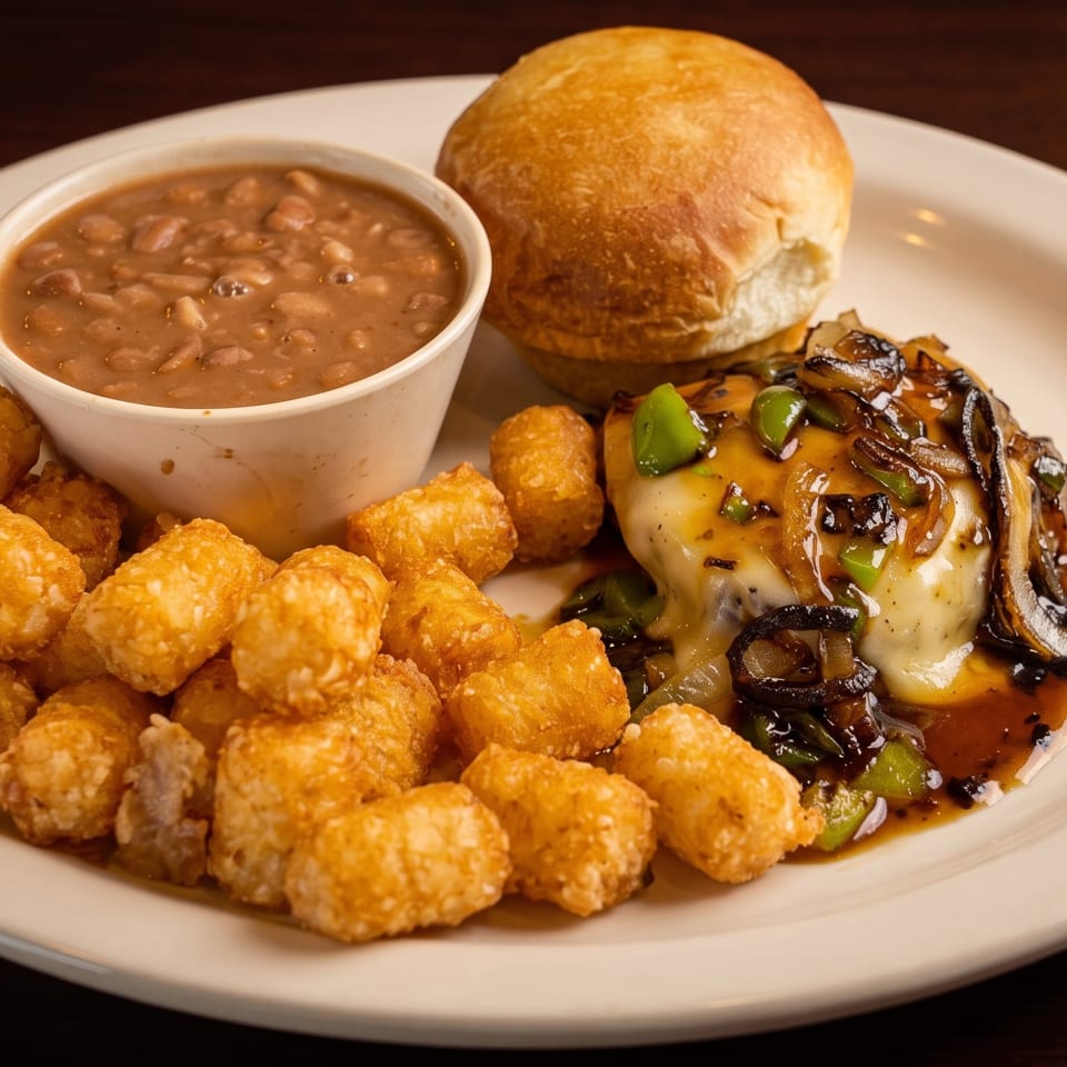 A plate with a hamburger steak, tater tots, baked beans, and a dinner roll.
