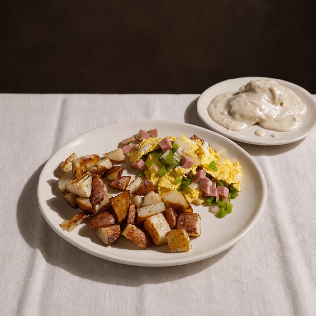 Two Scrambled Eggs Loaded with Ham, Onion & Bell Peppers.